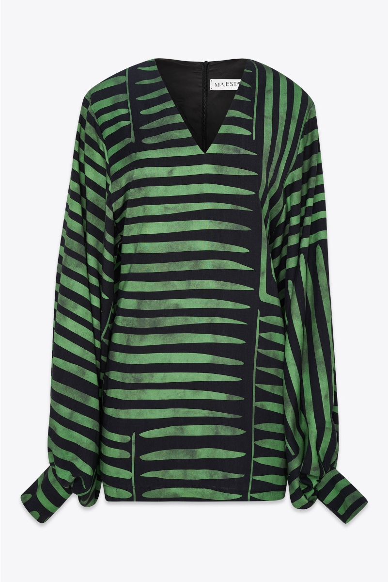 GEOMETRIC PRINT V-NECK MINI DRESS WITH LONG PUFFED SLEEVES
