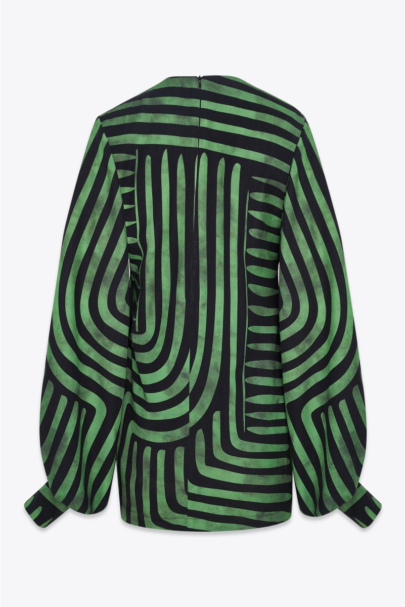 GEOMETRIC PRINT V-NECK MINI DRESS WITH LONG PUFFED SLEEVES