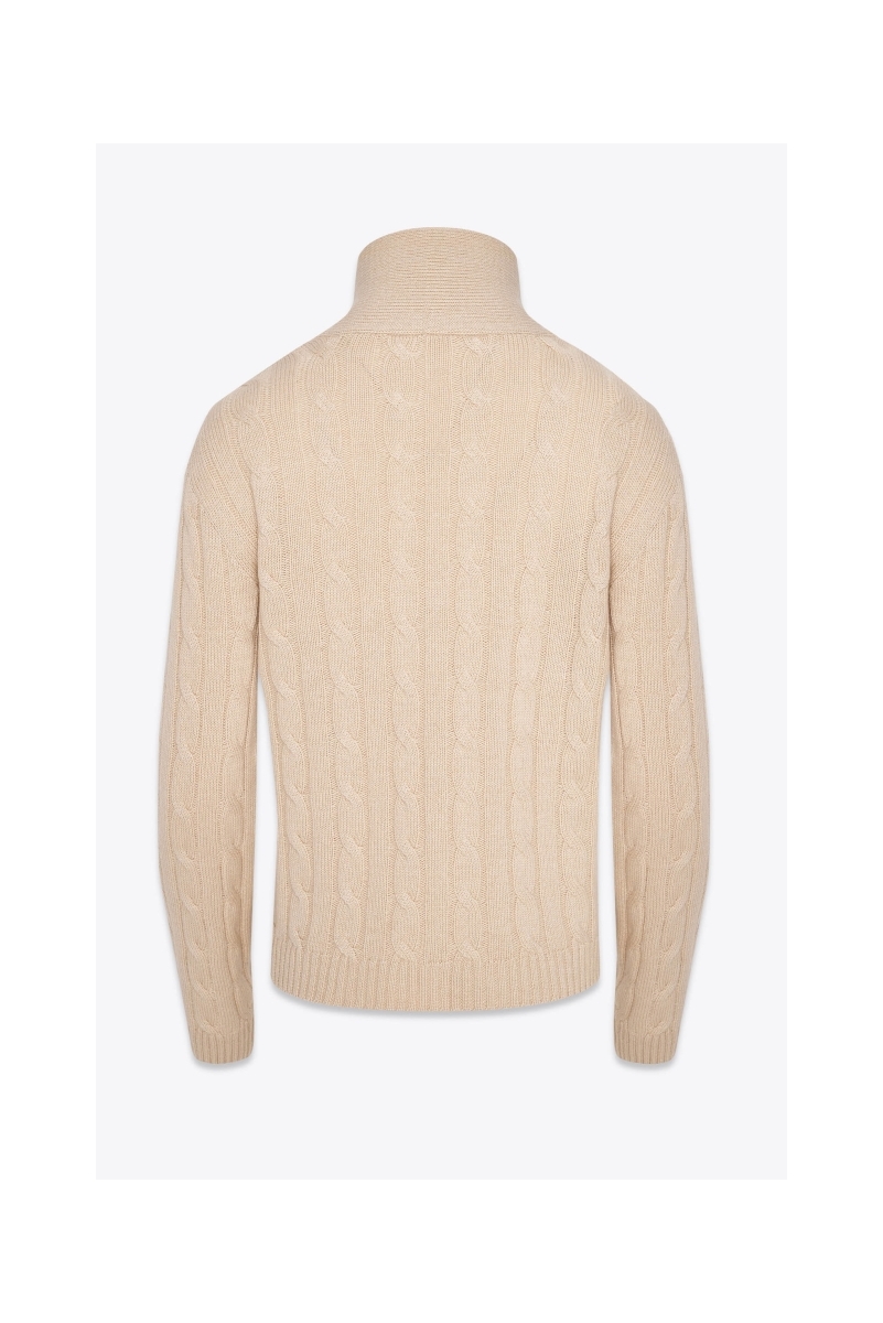 BEIGE CABLE-KNIT TURTLENECK SWEATER IN CASHMERE