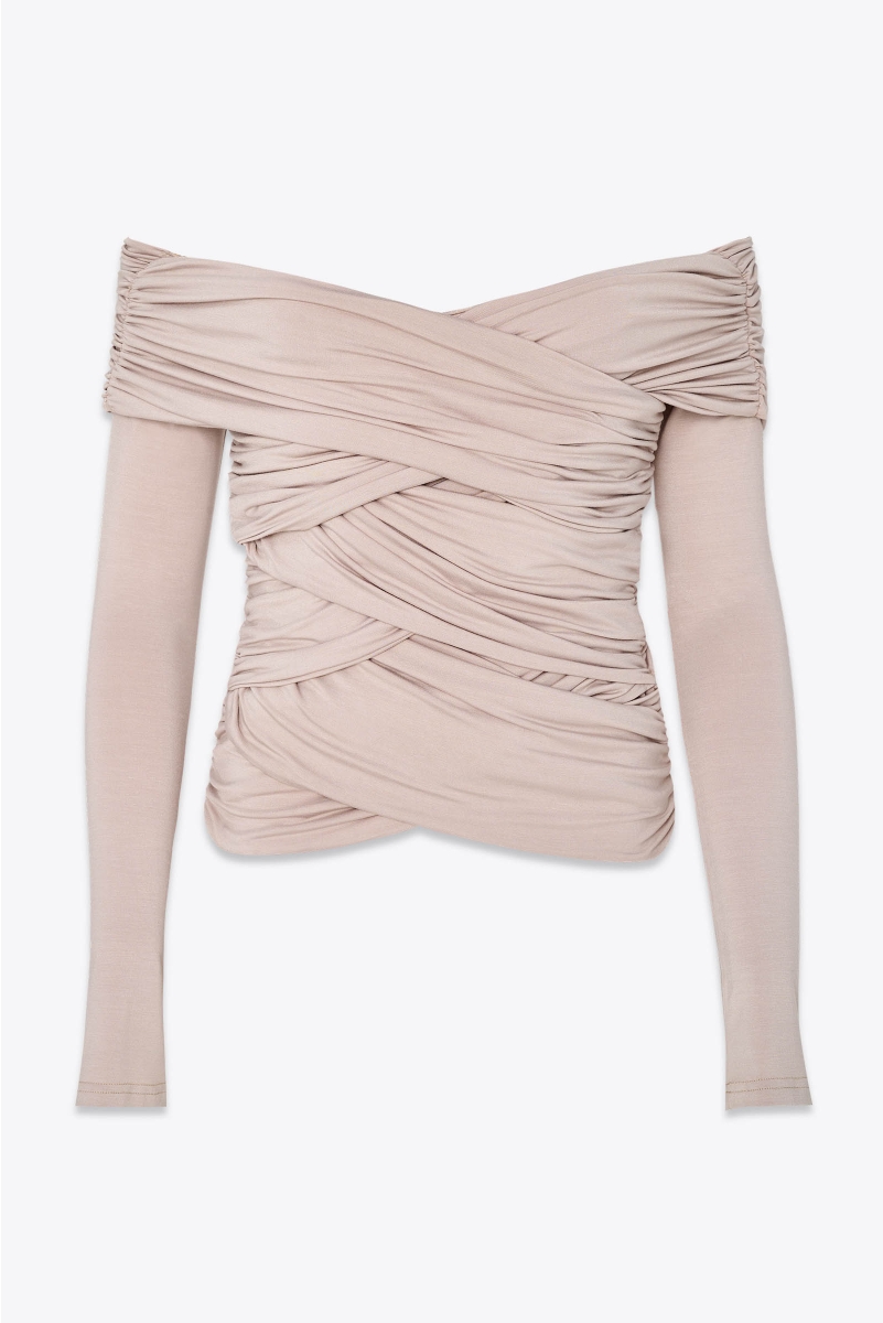 DRAPED BODYCON TOP IN BAMBOO BEIGE