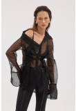 BLACK ASYMMETRICAL SHEER SHIRT