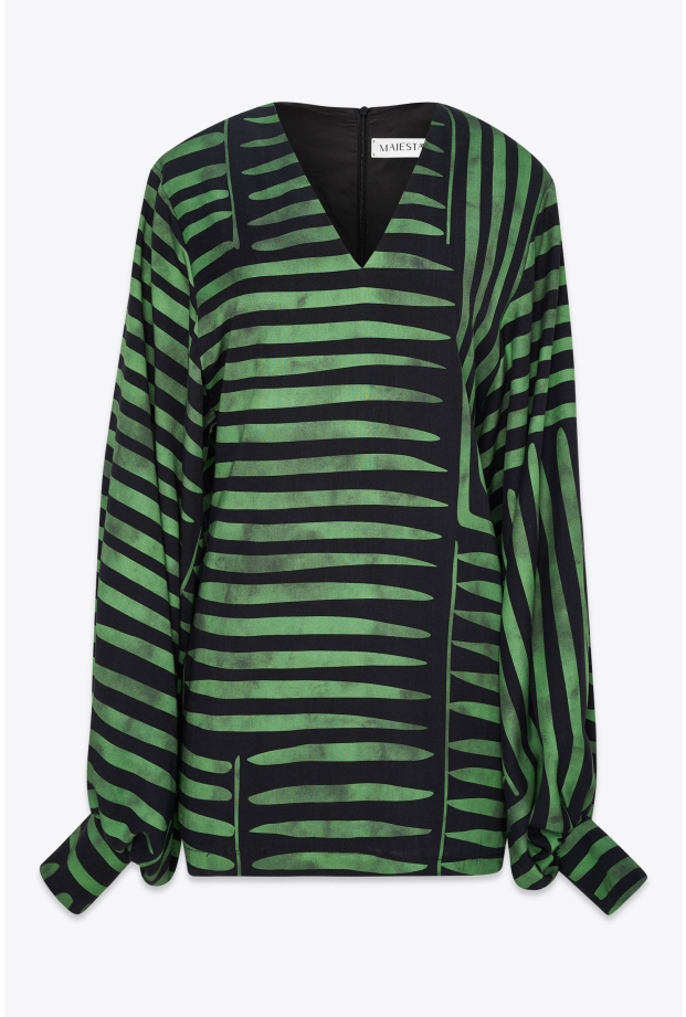 Product Image: GEOMETRIC PRINT V-NECK MINI DRESS WITH LONG PUFFED SLEEVES