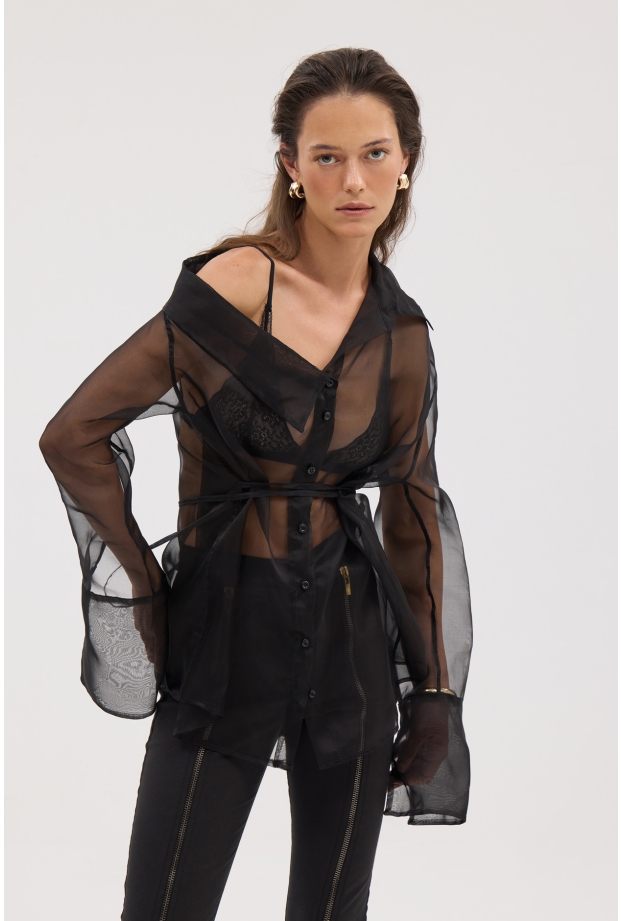 Product Image: BLACK ASYMMETRICAL SHEER SHIRT