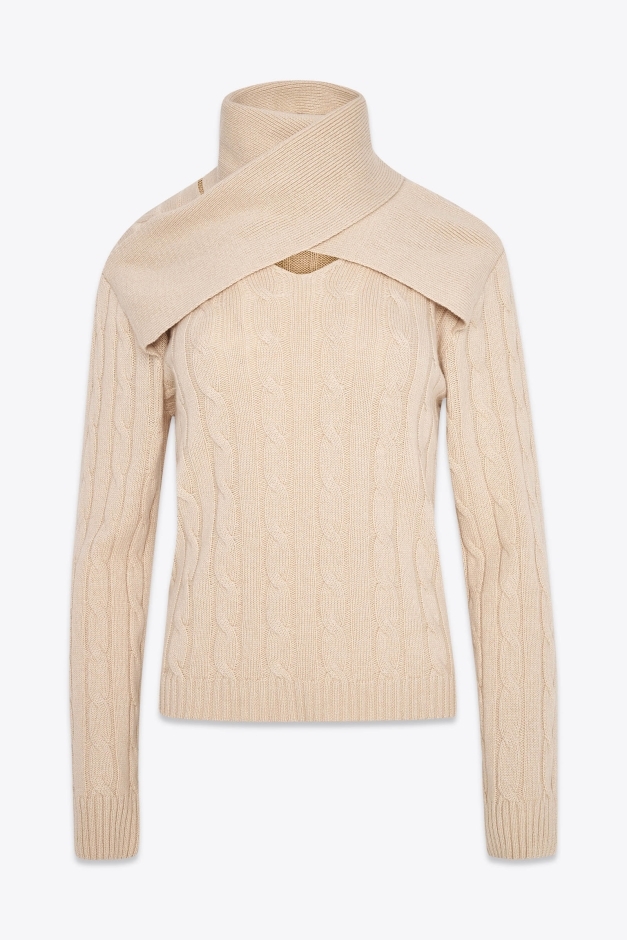BEIGE CABLE-KNIT TURTLENECK SWEATER IN CASHMERE