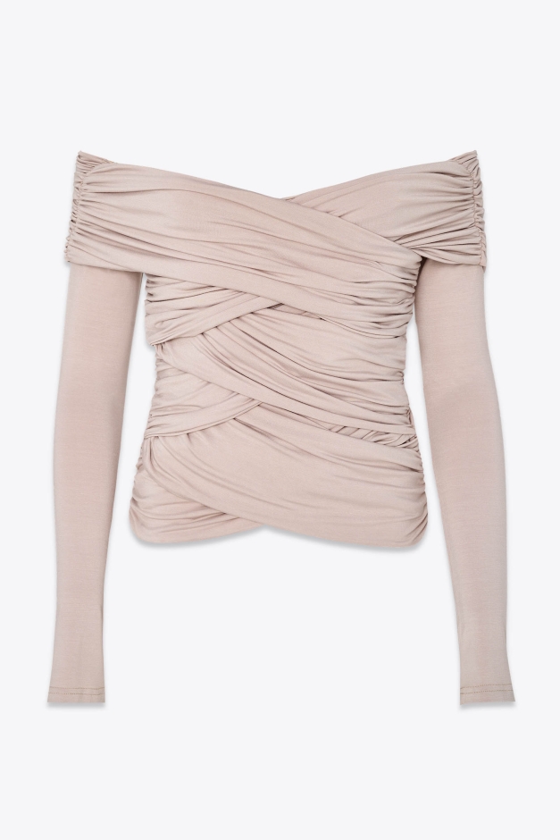 DRAPED BODYCON TOP IN BAMBOO BEIGE