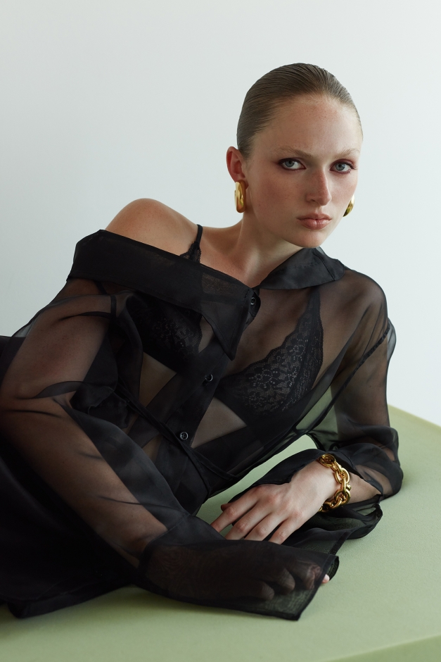 BLACK ASYMMETRICAL SHEER SHIRT
