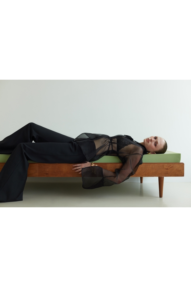 BLACK ASYMMETRICAL SHEER SHIRT
