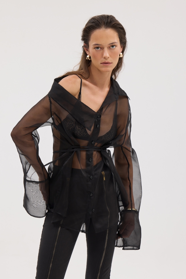 BLACK ASYMMETRICAL SHEER SHIRT