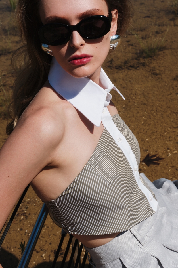 STRAPLESS SHIRT IN STRIPED COTTON POPLIN